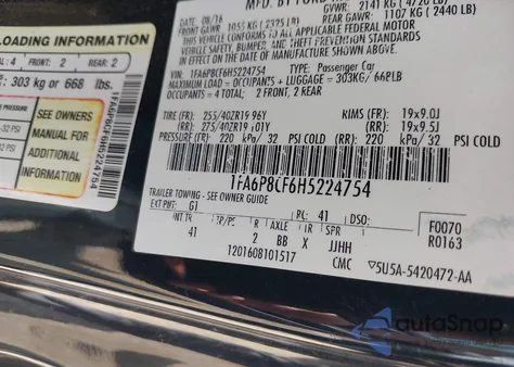 2017 Ford Mustang Gt/Gt Premium from USA, damaged, VIN 1FA6P8CF6H5224754